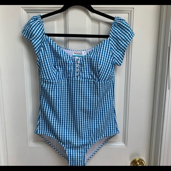 NWOT ModCloth gingham blue cap sleeve one piece - Picture 5 of 6